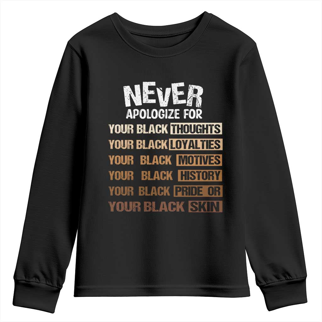 Never Apologize For Your Black Thoughts Loyalties Motives History Pride Or Skin Youth Sweatshirt Pride African American Black History Month TS11