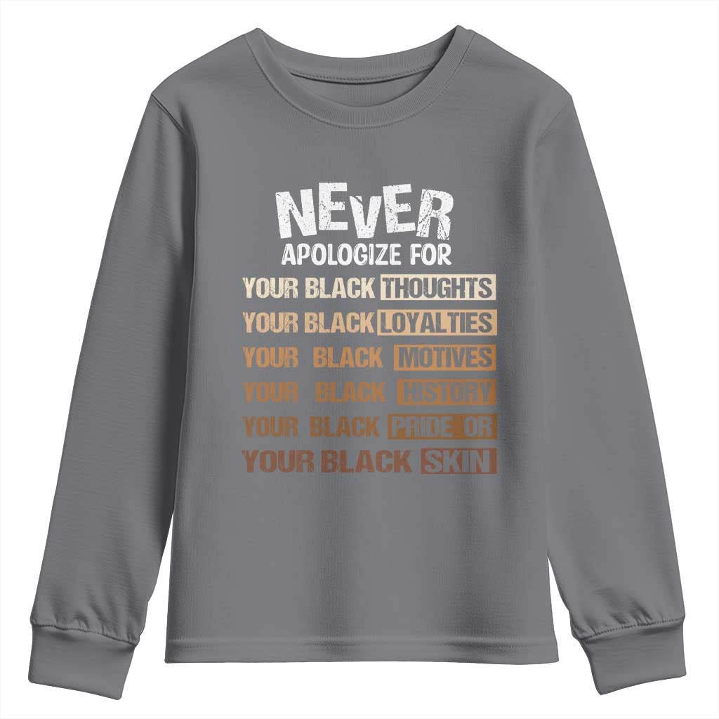 Never Apologize For Your Black Thoughts Loyalties Motives History Pride Or Skin Youth Sweatshirt Pride African American Black History Month TS11
