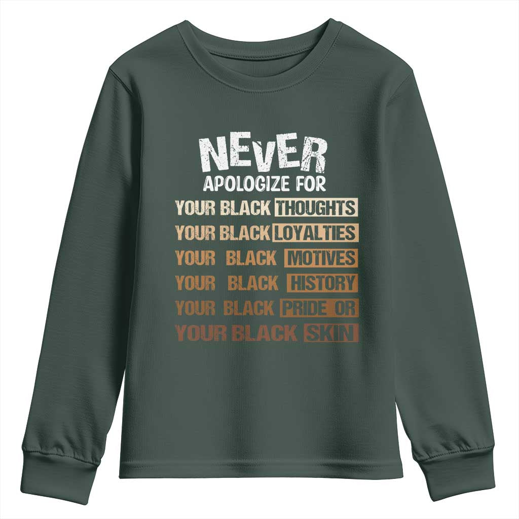 Never Apologize For Your Black Thoughts Loyalties Motives History Pride Or Skin Youth Sweatshirt Pride African American Black History Month TS11