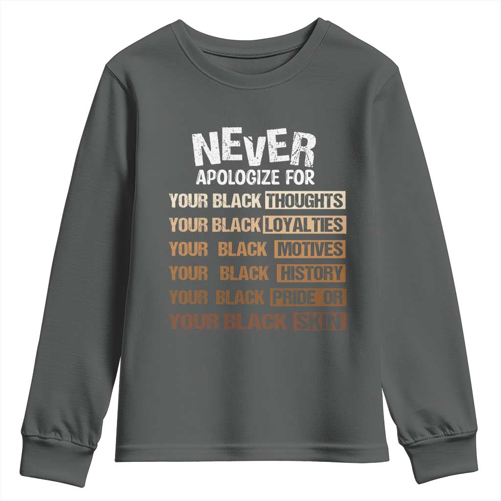 Never Apologize For Your Black Thoughts Loyalties Motives History Pride Or Skin Youth Sweatshirt Pride African American Black History Month TS11