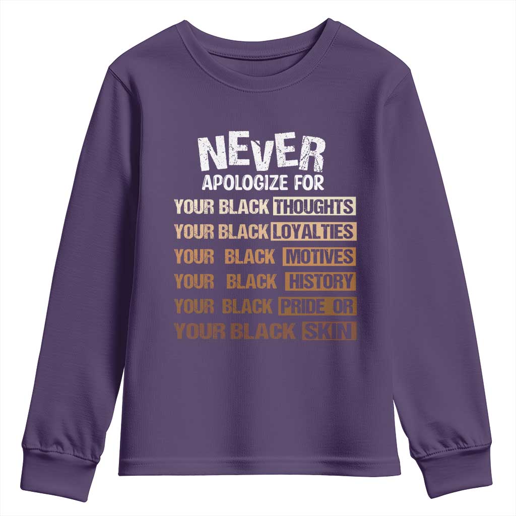 Never Apologize For Your Black Thoughts Loyalties Motives History Pride Or Skin Youth Sweatshirt Pride African American Black History Month TS11