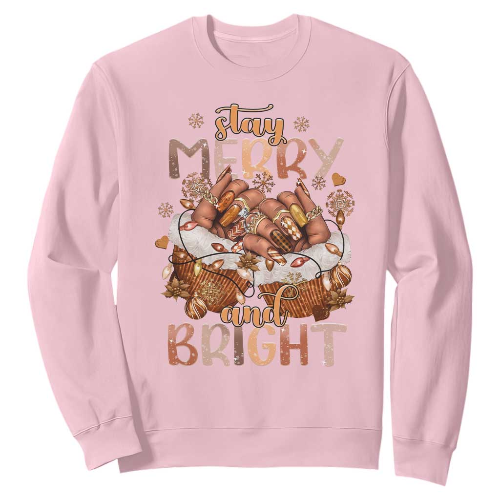 Funny African American Christmas Sweatshirt Stay Merry And Bright Black Melanin Girl Nails TS11