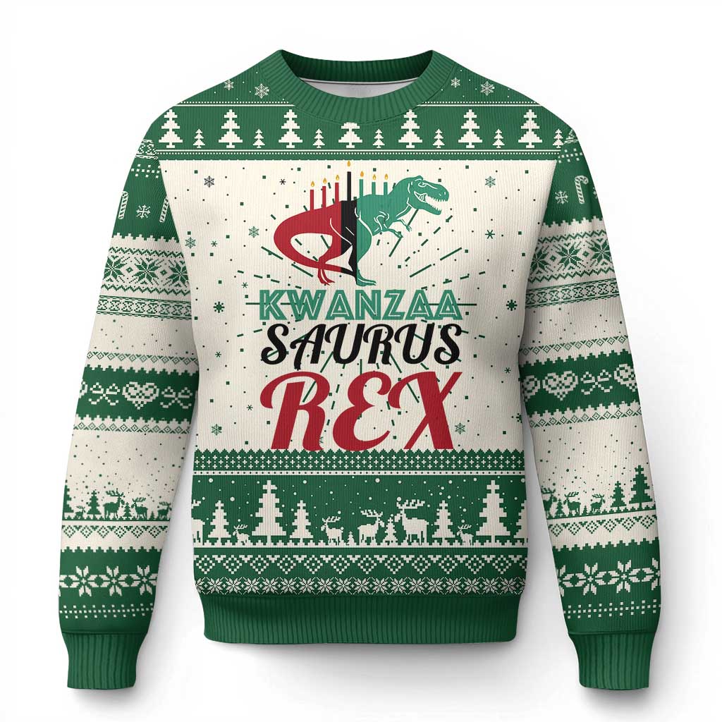Kwanzaa Saurus Rex Kinara Candles Dinosaur T-rex African Heritage Holiday Ugly Christmas Sweater TS11