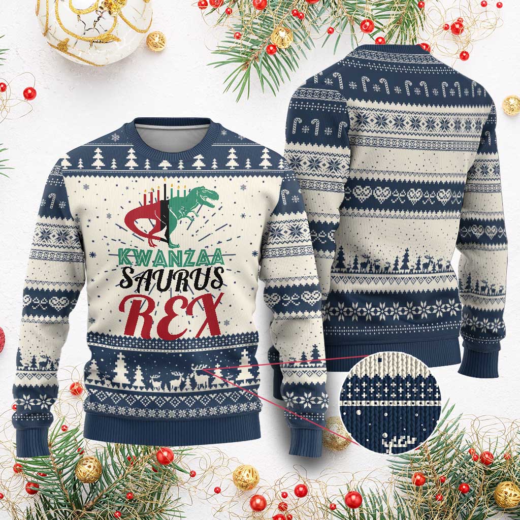 Kwanzaa Saurus Rex Kinara Candles Dinosaur T-rex African Heritage Holiday Ugly Christmas Sweater TS11