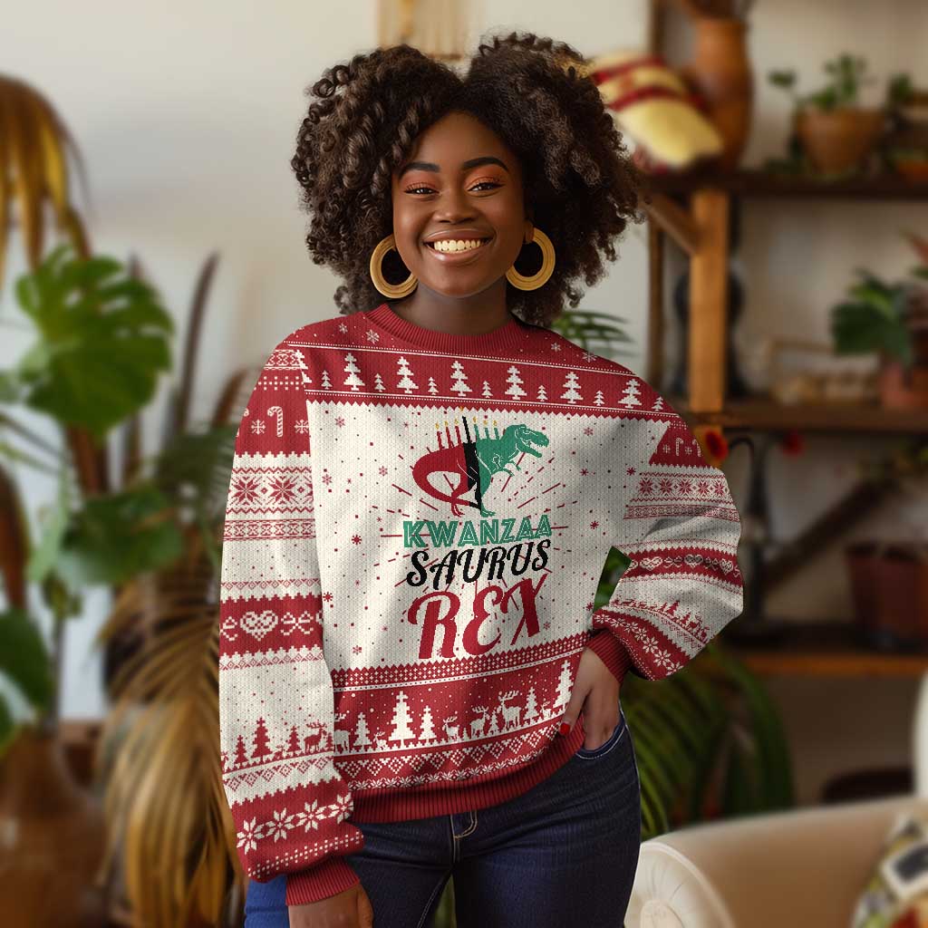 Kwanzaa Saurus Rex Kinara Candles Dinosaur T-rex African Heritage Holiday Ugly Christmas Sweater TS11