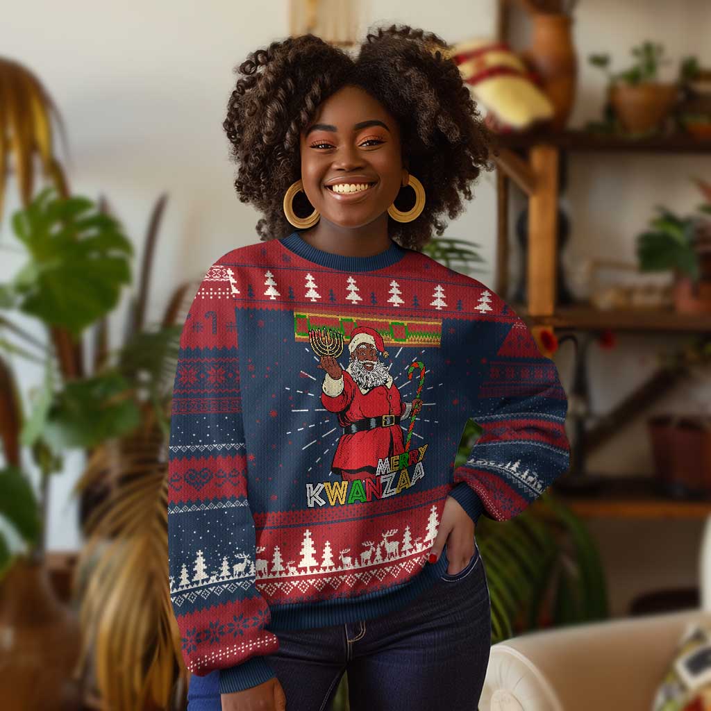 Funny Merry Kwanzaa Xmas Ugly Christmas Sweater African American Holiday Black Santa Kinara Candles TS11