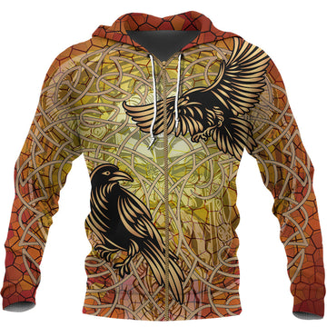 Viking Celtic Symbol Zip Hoodie Huginn and Muninn Of Odin On Yggdrasil Gold RLT12