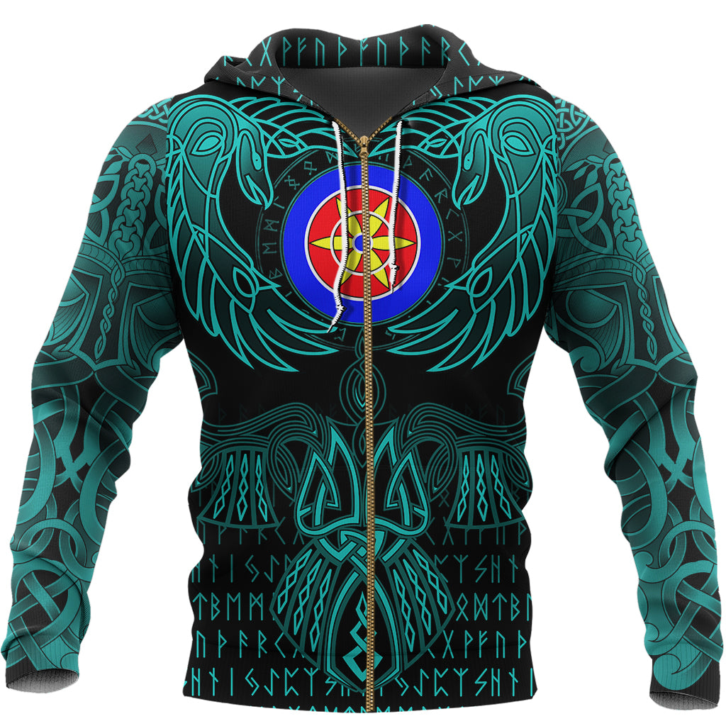 Viking Kven Zip Hoodie Valknut of Odin Cyan RLT12
