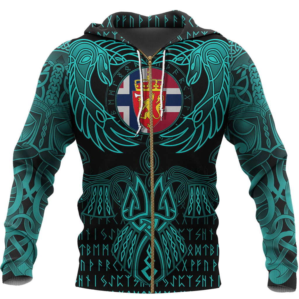 Viking Norway Zip Hoodie Valknut of Odin Cyan RLT12